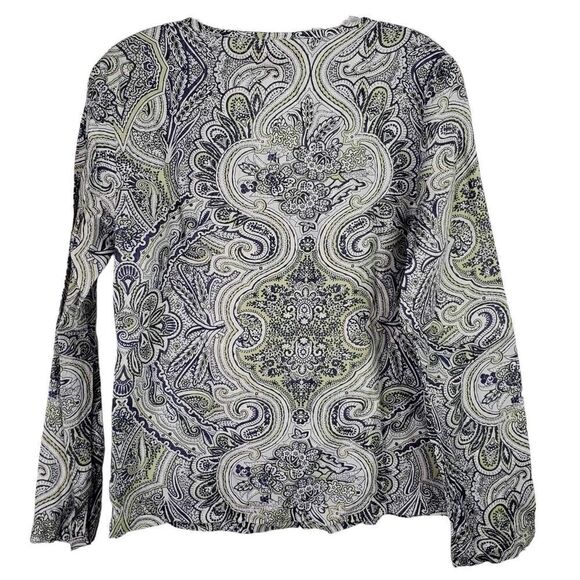 Flax Shirt Top Blue Green Long Sleeve Size Small Linen Paisley Boxy Lagenlook - Picture 3 of 9